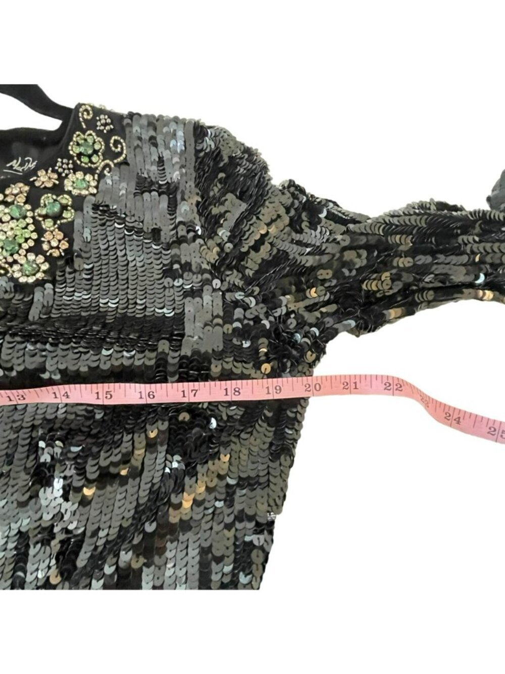 Mac Duggal Size 10 Emerald Rhinestone Necklace Black Sequin LS Maxi Gown Dress N - Picture 12 of 13